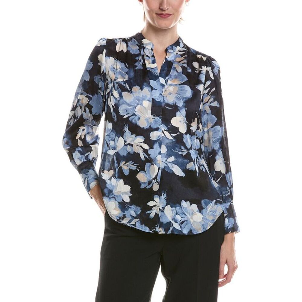 Anne Klein Womens V-Neck Printed Satin Top, Blue